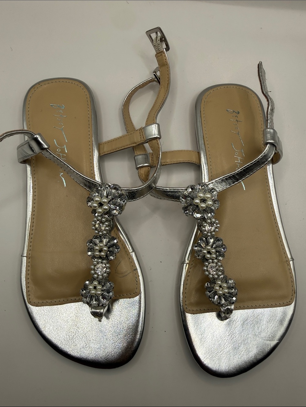 Betsey Johnson Silver Jeweled T-Strap Sandals